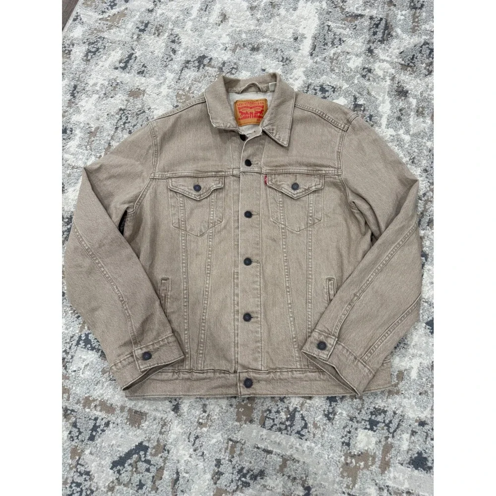 Levis Mens Tan Khaki Denim Trucker Jacket Large Button Front Classic